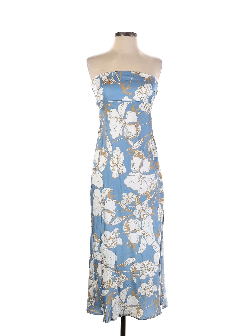 Strapless Blue Floral Midi Dress with White & Tan Blooms